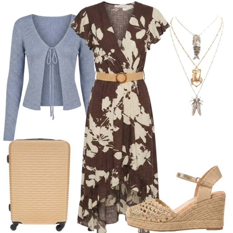Outfit donna - Summer Confidence. Stile Casual chic per Tutti i giorni. Abbinamento con vestiti chemisier, ciondoli, cardigans, espadrillas, valigie.