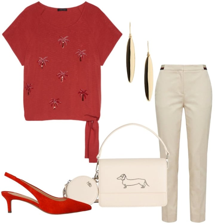 Outfit donna - Eleganza Curvy. Stile Casual chic per Tutti i giorni. Abbinamento con pantaloni chino, borse a tracolla, top, décolleté, orecchini.