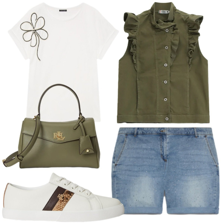 Outfit donna - Serata tra mercatini. Stile Sporty chic per Tutti i giorni. Abbinamento con gilet, t-shirt, shorts, borse a mano, sneakers.
