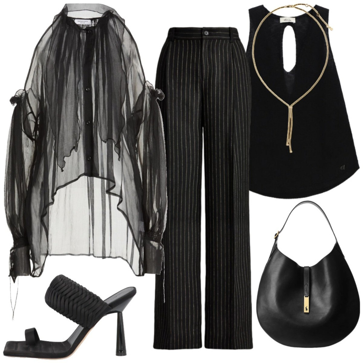 Outfit donna - Serata elegante. Stile Glamour per Tutti i giorni. Abbinamento con camicie, ciabatte, borse a spalla, collane, pantaloni, top.