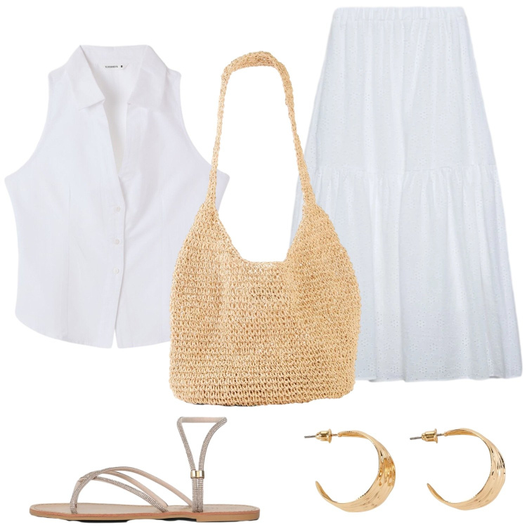 Outfit donna - Luna di giugno.. Stile Boho per Tutti i giorni. Abbinamento con shopping bag, orecchini, top, gonne lunghe, sandali.