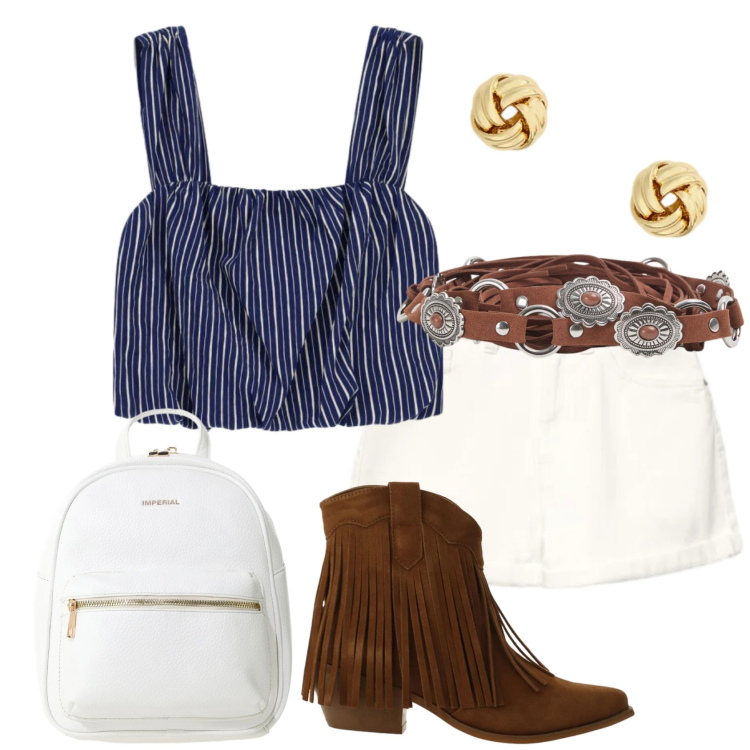 Outfit donna - Total look #2421503. Stile Etnico per Tutti i giorni. Abbinamento con cinture, shorts, zaini, stivaletti texani, top, orecchini.