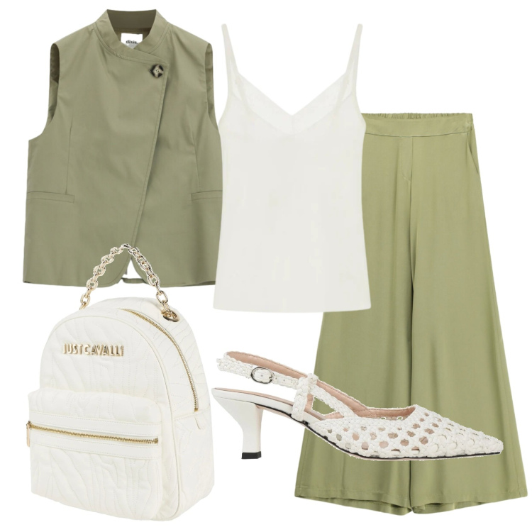 Outfit donna - Total look #2421504. Stile Casual chic per Ufficio. Abbinamento con décolleté, zaini, pantaloni a palazzo, gilet, top.