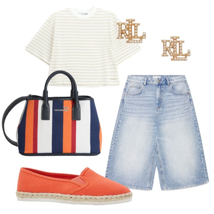 Outfit donna - Total look #2421514. Stile Casual per Tutti i giorni. Abbinamento con espadrillas, pantaloni corti, shopping bag, t-shirt, orecchini.