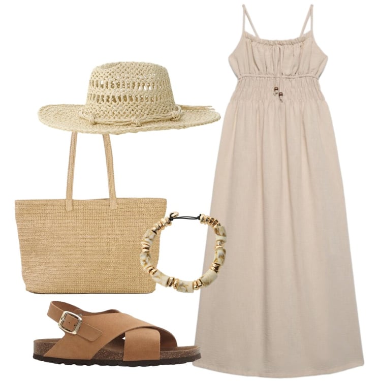 Outfit donna - Total sand. Stile Bon Ton per Tutti i giorni. Abbinamento con shopping bag, sandali in pelle, vestiti lunghi, cappelli, braccialetti.