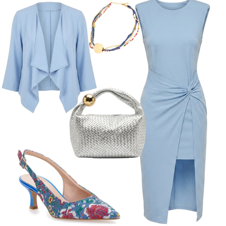 Outfit donna - Chic ufficio evento. Stile Chic per Ufficio. Abbinamento con borse a mano, vestiti asimmetrici, collane, blazer, décolleté.