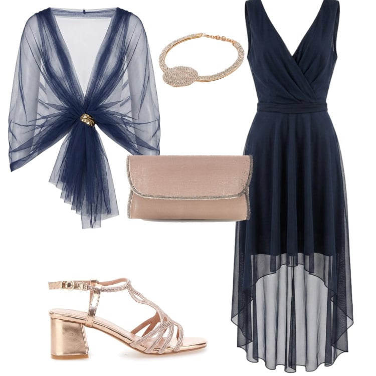 Outfit donna - Chic cerimonia evento serata. Stile Chic per Cerimonia. Abbinamento con vestiti asimmetrici, collane, blazer, sandali col tacco, pochette.