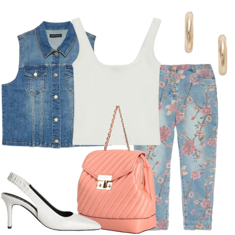 Outfit donna - Estate in Stile Naturale. Stile Casual chic per Tutti i giorni. Abbinamento con zaini, décolleté, top, jeans, gilet, orecchini.