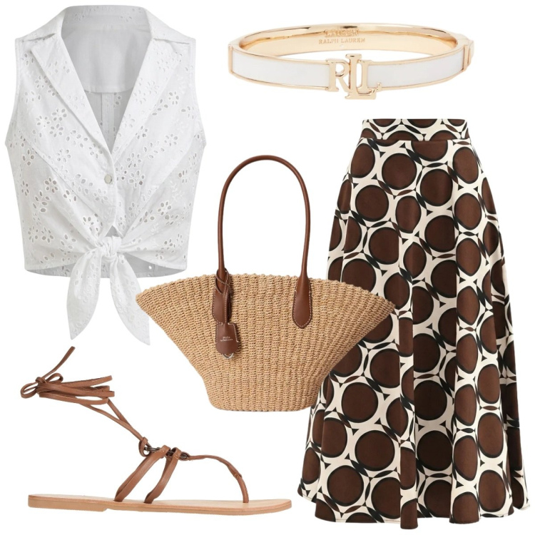 Outfit donna - Passeggiata in Riviera. Stile Bon Ton per Tutti i giorni. Abbinamento con ciabatte, gonne lunghe, top, borse tote, braccialetti.