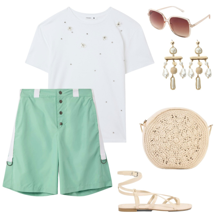 Outfit donna - Glambermuda. Stile Casual chic per Tutti i giorni. Abbinamento con occhiali da sole, sandali, borse a tracolla, t-shirt, bermuda, orecchini.