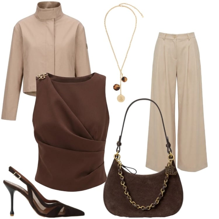Outfit donna - Estate in Stile Naturale. Stile Casual chic per Tutti i giorni. Abbinamento con pantaloni, top, borse a spalla, collane, blazer, décolleté.