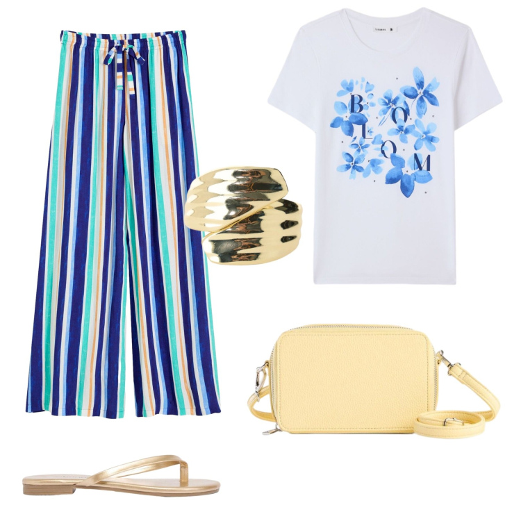 Outfit donna - Colori estivi. Stile Casual per Tutti i giorni. Abbinamento con pantaloni, sandali, borse a tracolla, t-shirt, anelli.