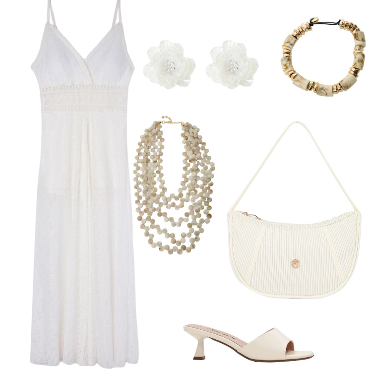 Outfit donna - L\'eleganza del bianco. Stile Chic per Serata fuori. Abbinamento con sandali, vestiti lunghi, collane, borse a mano, orecchini, braccialetti.