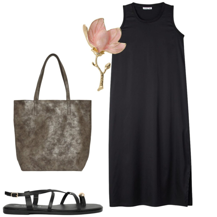 Outfit donna - Una semplice spilla. Stile Chic per Serata fuori. Abbinamento con vestiti midi/longuette, sandali, shopping bag, blazer.