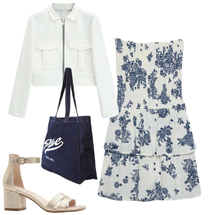 Outfit donna - Fiori blu. Stile Bon Ton per Tutti i giorni. Abbinamento con sandali col tacco, vestiti corti, cappotti, shopping bag.