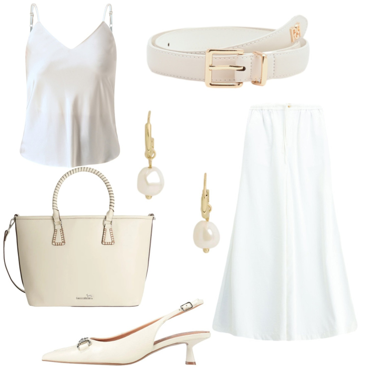 Outfit donna - Total look #2421566. Stile Chic per Serata fuori. Abbinamento con décolleté, shopping bag, pantaloni a palazzo, top, cinture, orecchini.