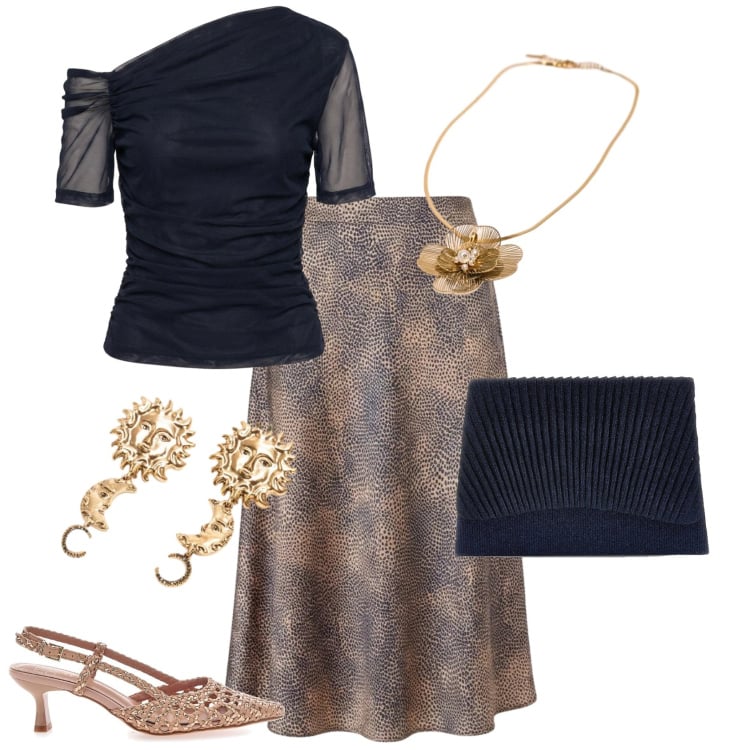 Outfit donna - Chic evento serata. Stile Chic per Serata fuori. Abbinamento con gonne longuette, ciondoli, top, orecchini, décolleté, pochette.