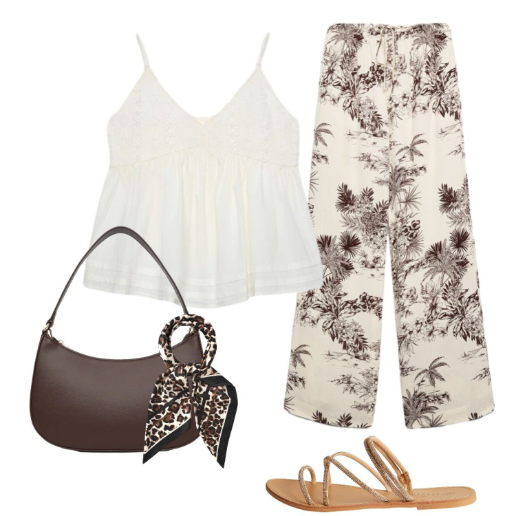 Outfit donna - Terranova per la città. Stile Glamour per Tutti i giorni. Abbinamento con pantaloni, canottiere, sandali, foulard, borse a tracolla.
