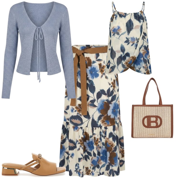 Outfit donna - Casual chic ufficio tempo libero. Stile Casual chic per Tutti i giorni. Abbinamento con gonne lunghe, canottiere, cardigans, borse a spalla, ciabatte.