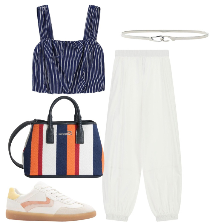 Outfit donna - Ampiezze. Stile Casual per Tutti i giorni. Abbinamento con sneakers, shopping bag, pantaloni, top, cinture.
