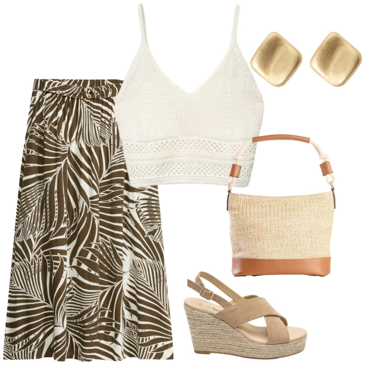Outfit donna - Giornata calda. per Tutti i giorni. Abbinamento con sandali col tacco, gonne longuette, borse a secchiello, top, orecchini.