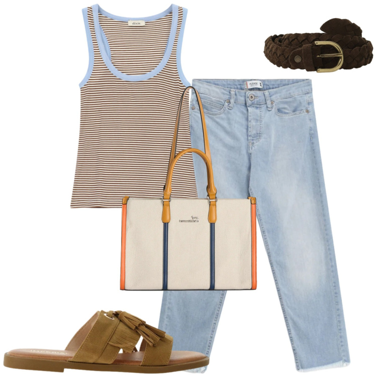 Outfit donna - Total look #2421593. Stile Casual per Tutti i giorni. Abbinamento con borse tote, sandali, jeans, cinture, top.