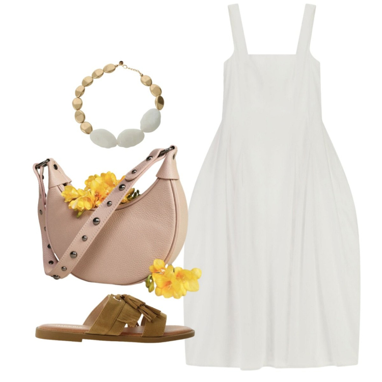 Outfit donna - Fresia. Stile Bon Ton per Tutti i giorni. Abbinamento con vestiti midi/longuette, sandali, borse a spalla, collane.