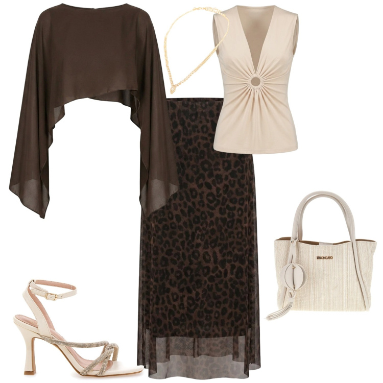 Outfit donna - Chic serata evento. Stile Chic per Serata fuori. Abbinamento con cappe, top, collane, gonne longuette, sandali col tacco, borse a tracolla.