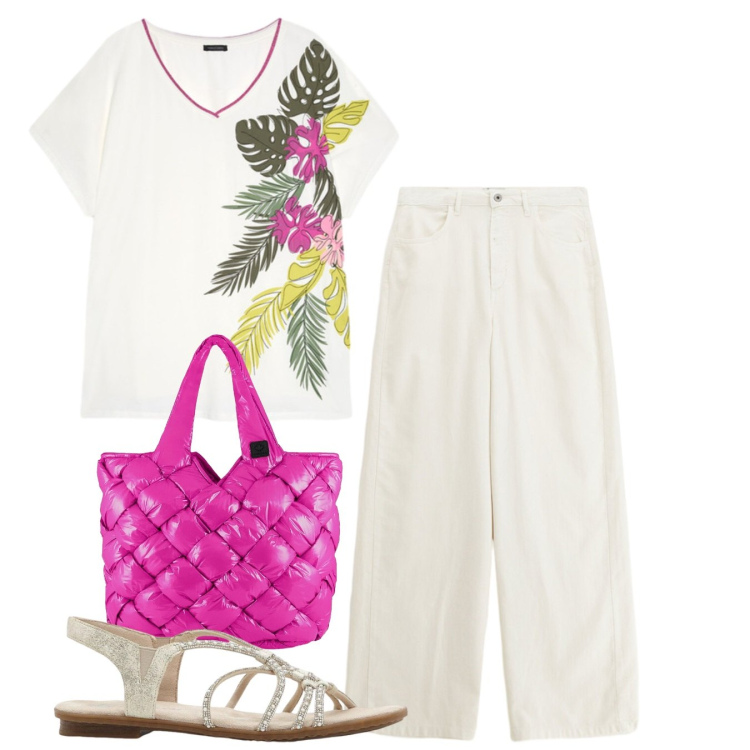 Outfit donna - Monstera. Stile Casual per Tutti i giorni. Abbinamento con sandali, t-shirt, borse tote, pantaloni a palazzo.