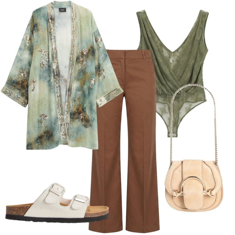 Outfit donna - Un kimono come giacca. Stile Chic per Tutti i giorni. Abbinamento con marsupi, pantaloni, top, sandali in pelle, blazer.