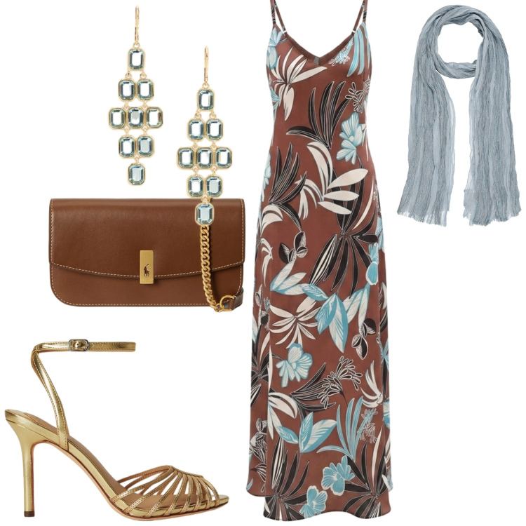 Outfit donna - A cena in vacanza. Stile Chic per Serata fuori. Abbinamento con sciarpe, vestiti lunghi, clutch, sandali in pelle, orecchini.