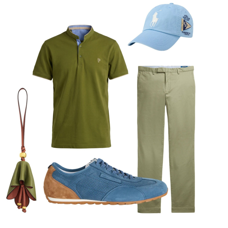 Outfit uomo - Polo. Stile Casual per Tutti i giorni. Abbinamento con sneakers, polo, portachiavi, pantaloni, cappelli con visiera.