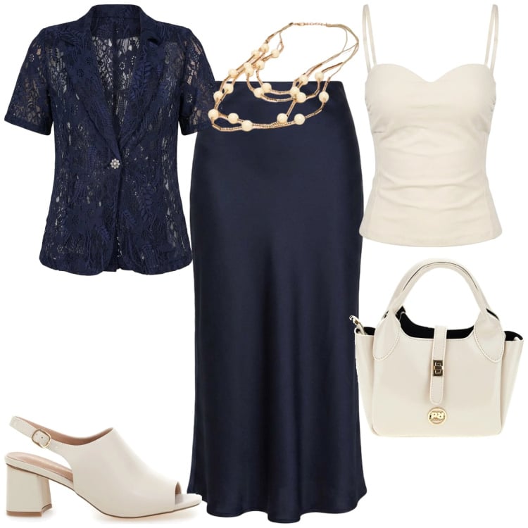 Outfit donna - Chic cerimonia evento ufficio. Stile Chic per Serata fuori. Abbinamento con top, gonne longuette, blazer, collane, sandali col tacco, borse a mano.