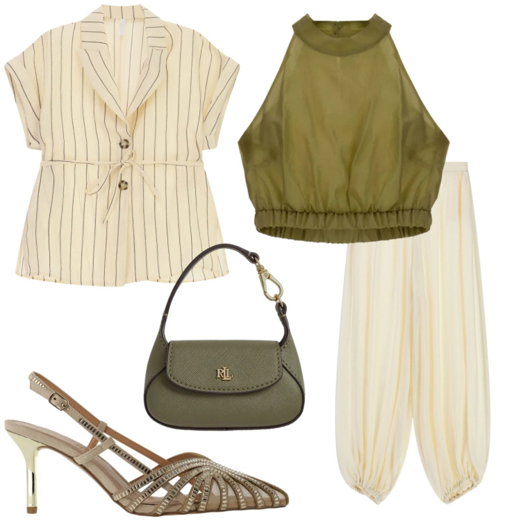 Outfit donna - In ufficio a giugno. Stile Glamour per Ufficio. Abbinamento con pantaloni a palazzo, blazer, borse a mano, décolleté, top.