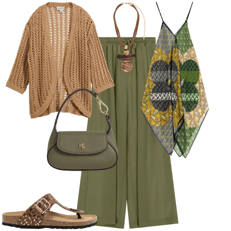 Outfit donna - Casual chic ogni giorno. Stile Casual chic per Tutti i giorni. Abbinamento con cardigans, infradito, ciondoli, borse a mano, top, pantaloni a palazzo.