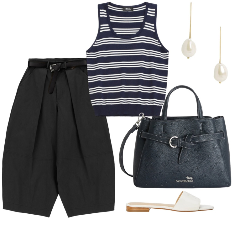 Outfit donna - Blu e nero. per Tutti i giorni. Abbinamento con borse a mano, ciabatte, orecchini, top, pantaloni a palazzo.