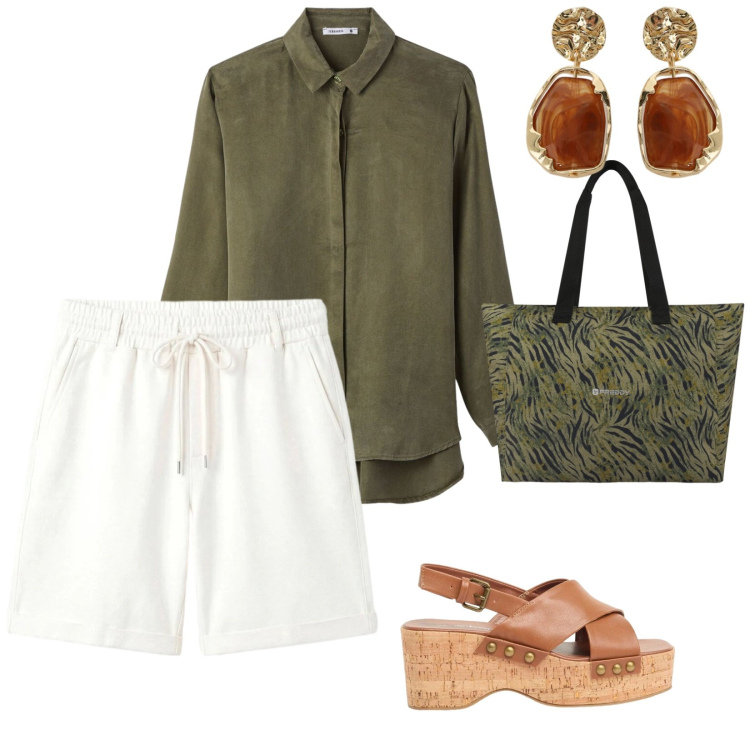 Outfit donna - Bermuda bianchi. per Mare. Abbinamento con zeppe, bermuda, camicie, shopping bag, orecchini.