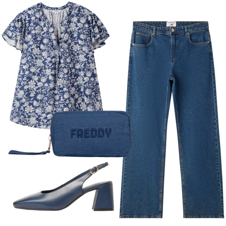 Outfit donna - Total look #2421626. Stile Casual chic per Ufficio. Abbinamento con décolleté, jeans dritti, bluse, pochette.