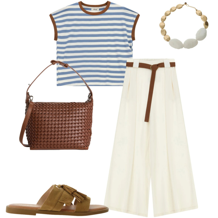 Outfit donna - In città. Stile Casual chic per Ufficio. Abbinamento con borse a spalla, sandali, pantaloni a palazzo, top, collane.