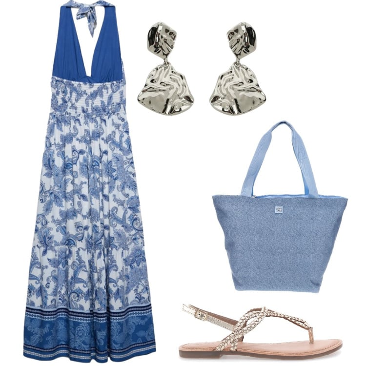 Outfit donna - Cancro stile comodo e avvolgente. Stile Romantica per Tutti i giorni. Abbinamento con vestiti lunghi, orecchini, shopping bag, sandali.
