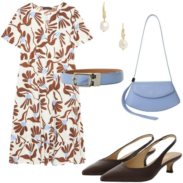 Outfit donna - Vestito con stampa. Stile Chic per Ufficio. Abbinamento con borse a spalla, cinture, vestiti lunghi, orecchini, décolleté.