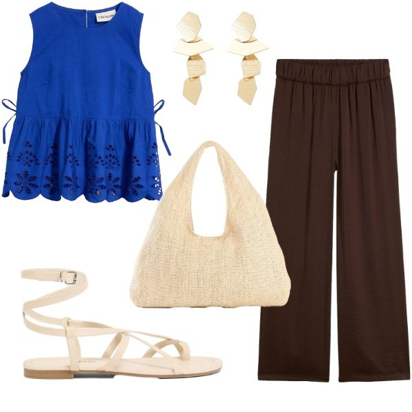 Outfit donna - Dettaglio in pizzo sangallo. Stile Boho per Tutti i giorni. Abbinamento con canottiere, pantaloni a palazzo, shopping bag, sandali, orecchini.