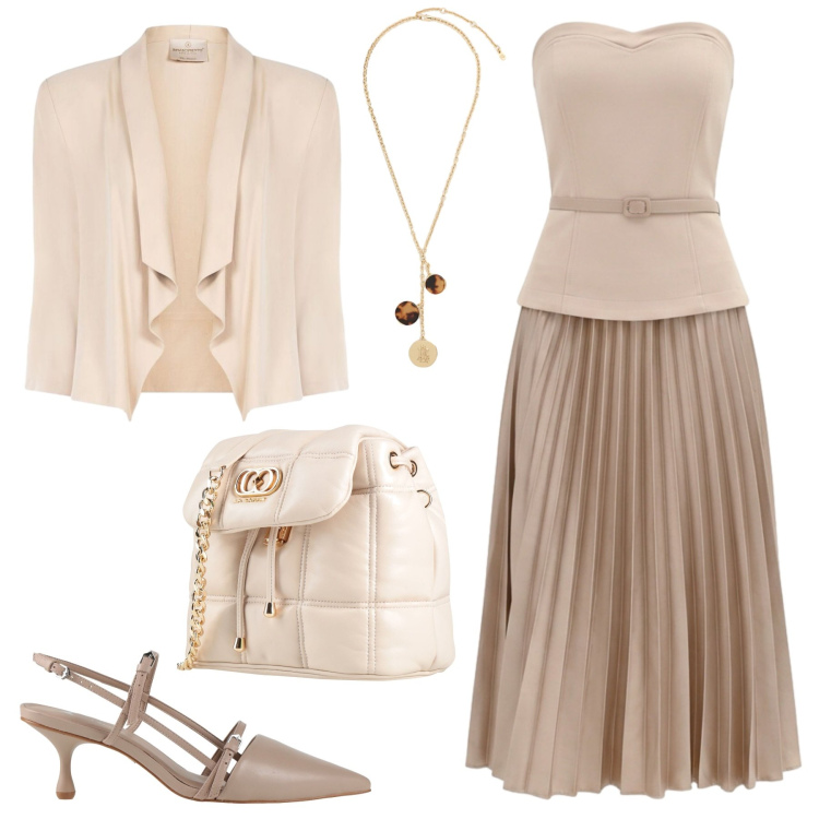 Outfit donna - Eleganza protagonista. Stile Chic per Serata fuori. Abbinamento con décolleté, valigie, vestiti midi/longuette, blazer, collane.