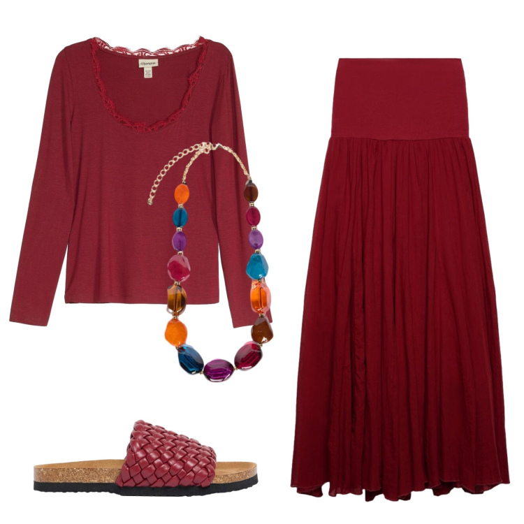 Outfit donna - Total look #2421638. Stile Basic per Tutti i giorni. Abbinamento con t-shirt, ciabatte, gonne lunghe, collane.
