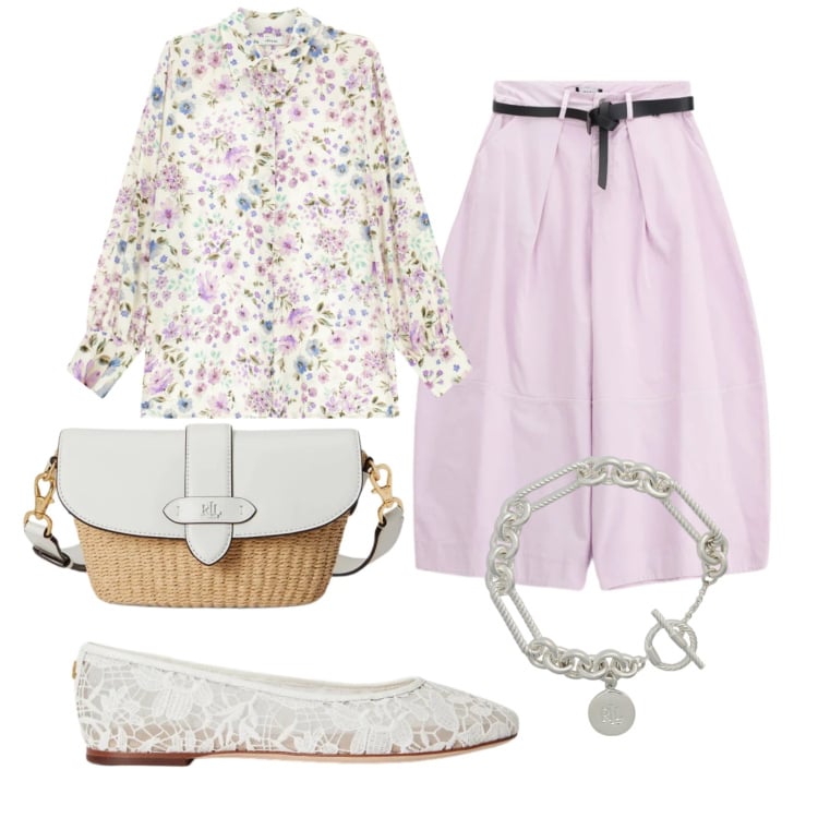Outfit donna - Total look #2421640. Stile Romantica per Ufficio. Abbinamento con ballerine, braccialetti, borse a spalla, camicie, pantaloni a palazzo.