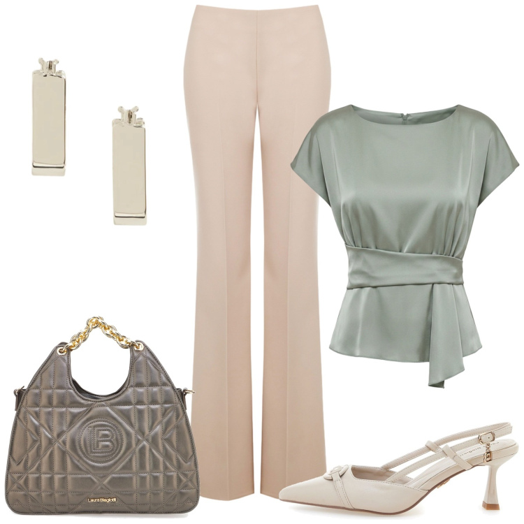 Outfit donna - Eleganza. Stile Chic per Serata fuori. Abbinamento con pantaloni a palazzo, bluse, orecchini, décolleté, borse a mano.
