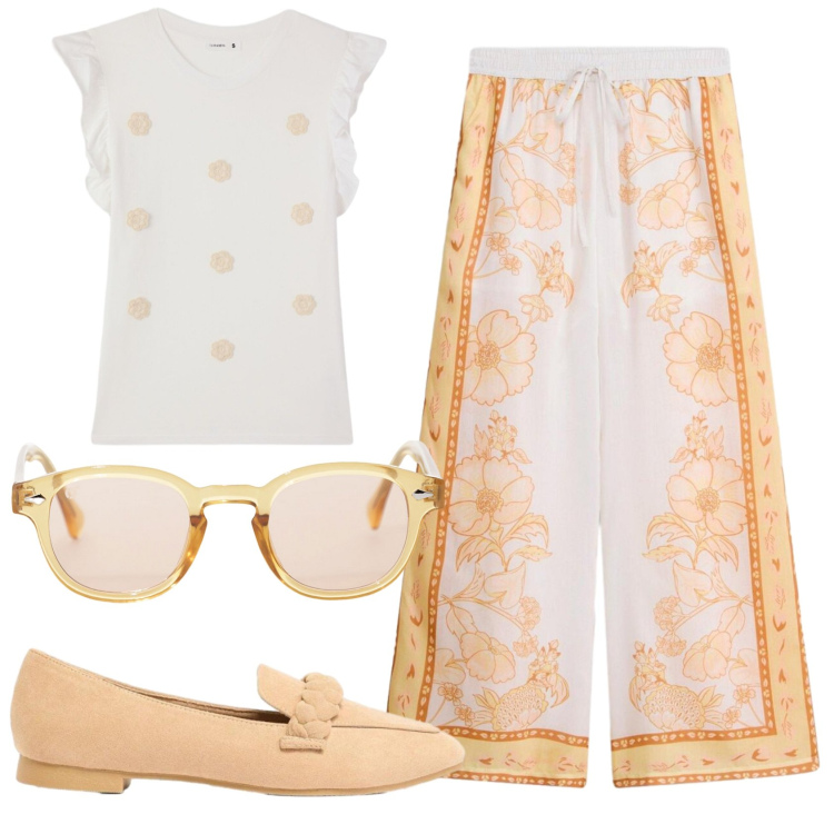 Outfit donna - Total look #2421642. Stile Trendy per Tutti i giorni. Abbinamento con mocassini, pantaloni a palazzo, t-shirt, occhiali da sole.