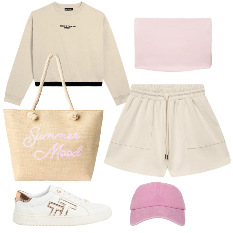 Outfit donna - Summer Mood - casual. Stile Casual per Sport. Abbinamento con sneakers, bermuda, top, borse tote, cappelli con visiera, felpe.