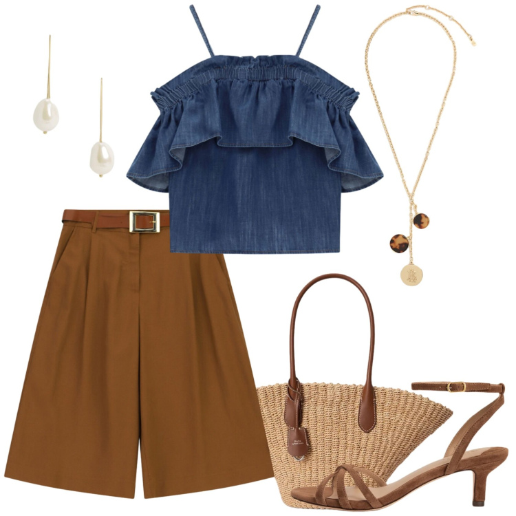 Outfit donna - Glamour in bermuda. Stile Glamour per Mare. Abbinamento con bermuda, top, borse tote, sandali col tacco, orecchini, collane.