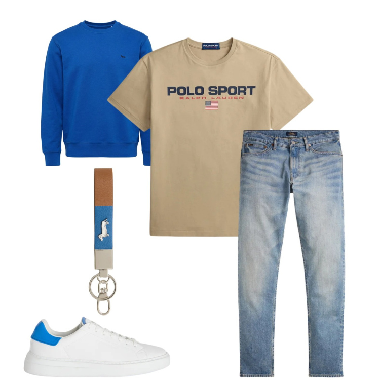 Outfit uomo - Passeggiata serale in montagna. Stile Casual Abbinamento con portachiavi, sneakers, felpe, jeans, t-shirt.